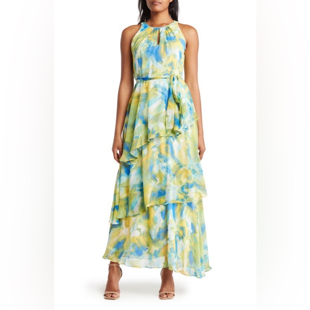Tahari Keyhole Tiered Maxi Dress